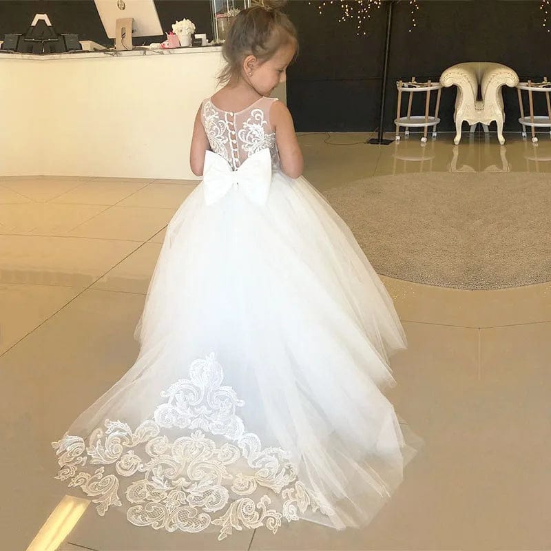 Flower girl dress by Showlu Fashion Store, lace and tulle princess gown for kids, perfect for wedding and party occasions.