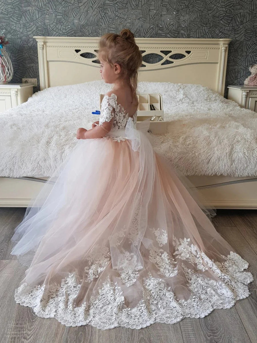 Flower girl dress by Showlu Fashion Store, lace and tulle princess gown for kids, perfect for weddings and parties.
