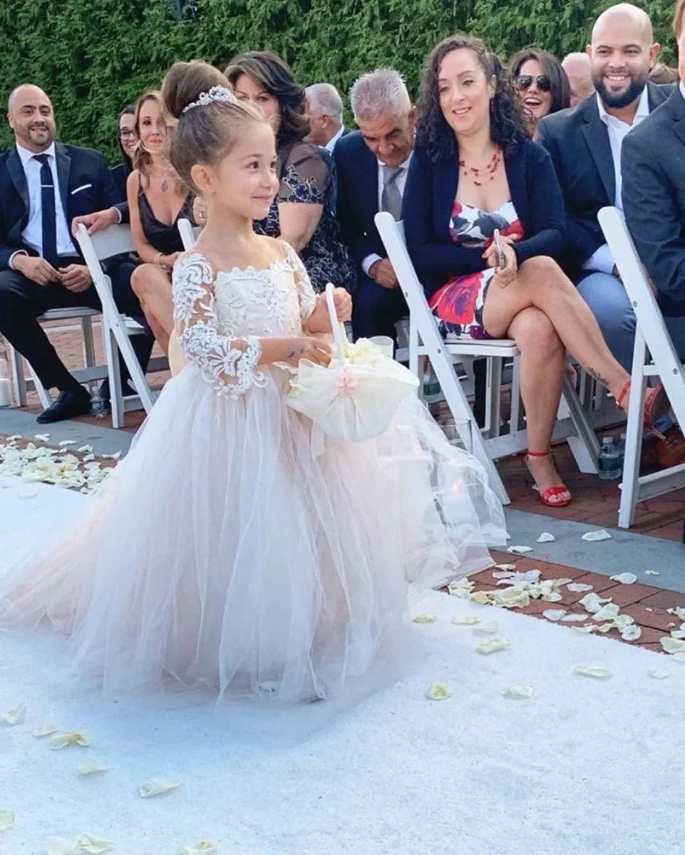 Flower Girl Dress by Showlu Fashion Store, lace and tulle princess gown for kids, perfect for weddings and parties.