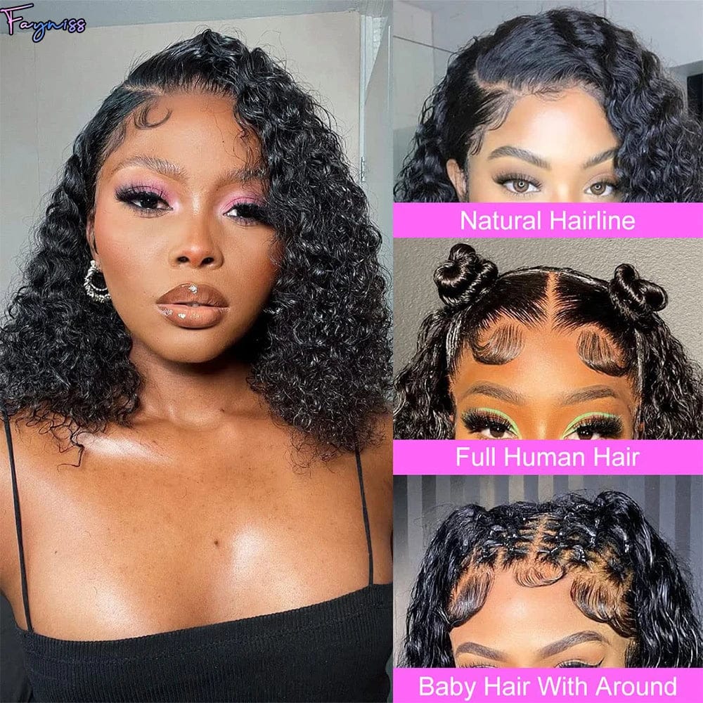 Fayniss Deep Wave Bob Human Hair Wig with glueless 4x4 pre-cut lace for women, showcasing curly, natural-looking hair.