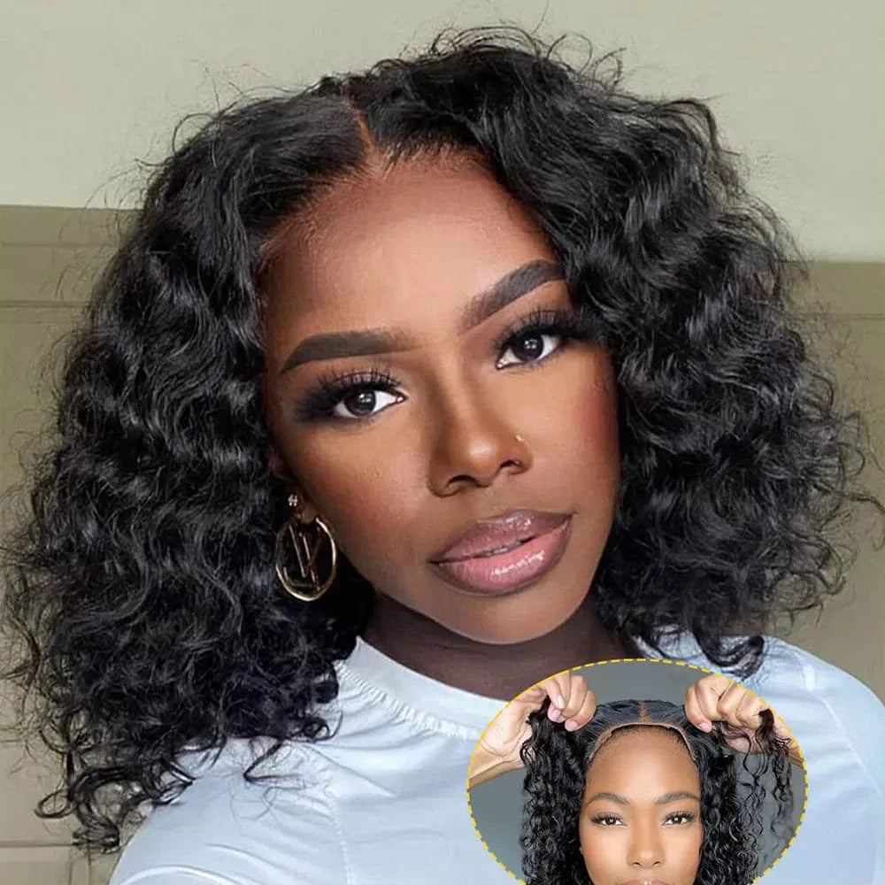Fayniss Deep Wave Bob human hair wig with glueless 4x4 pre-cut lace, curly style, ready-to-wear, natural-looking hair for women.