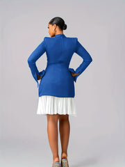 Women's Color Block Pleated Skirt - V-Neck Blue and White Two-Piece Dress, Waist-Cinched Long Sleeve Midi Workwear Flare Dress for Office Style