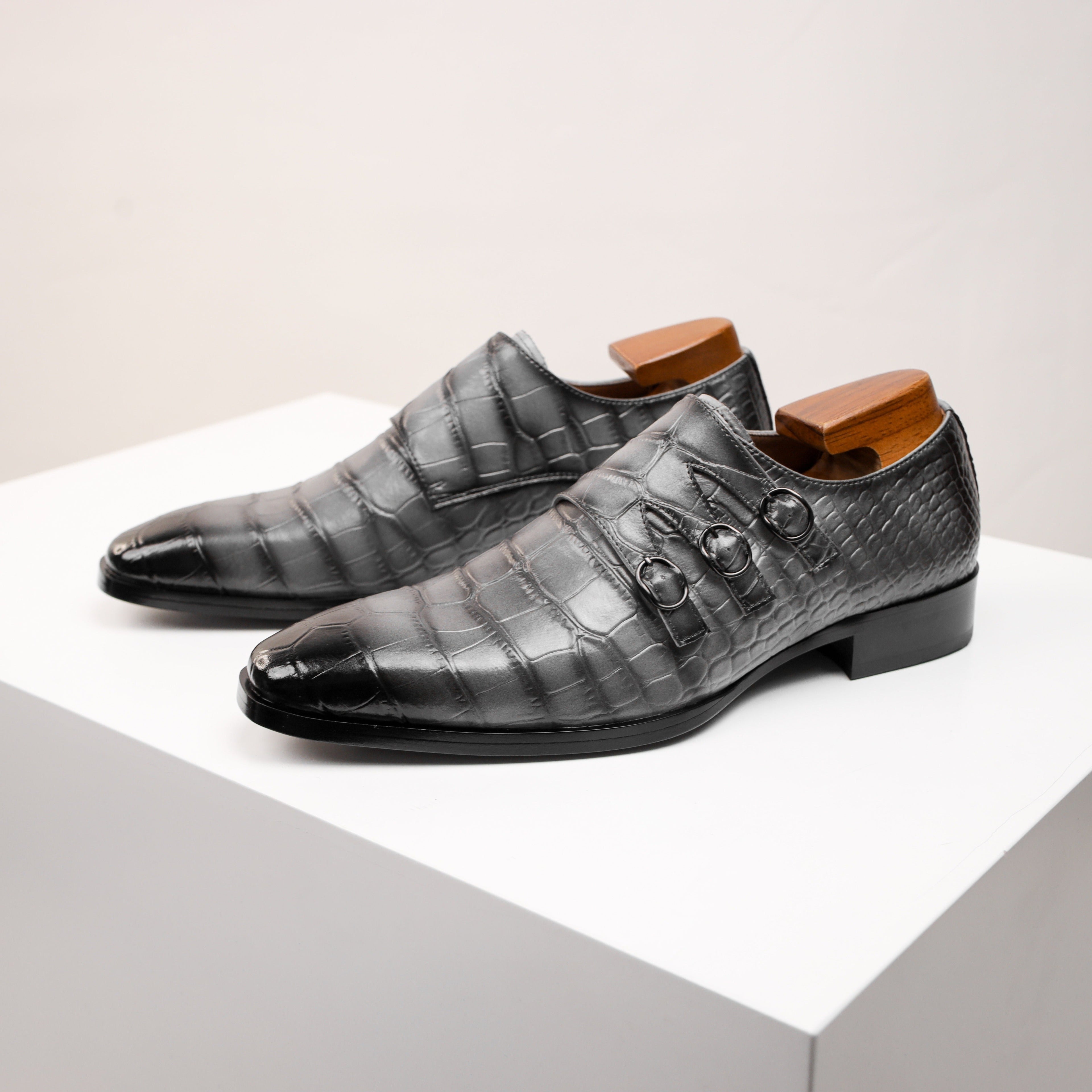SHOWLU Men's Monk Strap Oxfords with split cow leather and square toe, stylish formal shoes for men.