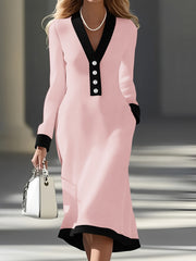 Elegant Women's V-Neck Midi Dress with Contrast Black Trim & Pockets - Long Sleeve A-Line Skirt, Button Detail, Machine Washable Work Commute Dress for Spring Summer Fall, Nontransparent Material, Medium Elasticity Fabric, Of