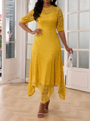 Women's Elegant Yellow Lace Dress - Slim-Fit Round Neck Long Sleeve A-Line with Asymmetrical Hem, Machine Washable Mid-Stretch Fabric for All-Season Wear HRYY281, Stylish Occasion Attire, Formal Evening Wear, Sleek Silhouette