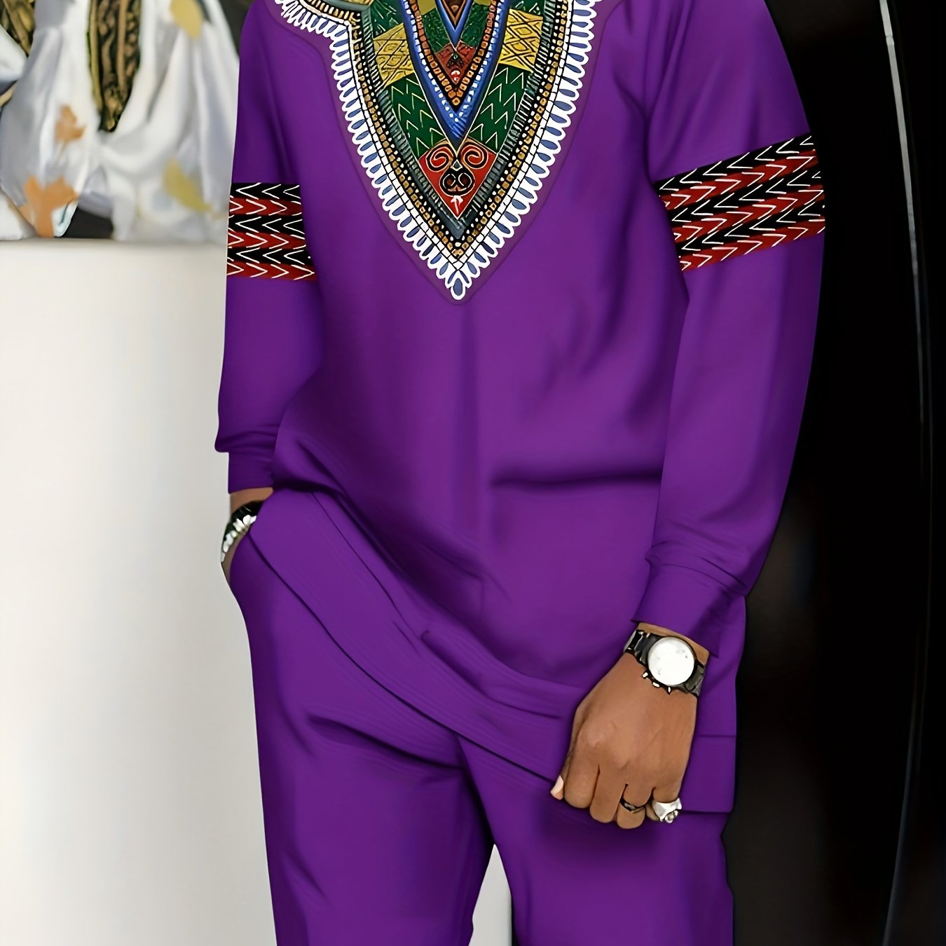 SHOWLU Men's African-inspired knit suit in white polyester, plus size set featuring traditional patterns and tailored fit.