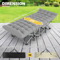 A grey folding camping cot with a soft pad, shown with dimensions and two storage bag options.