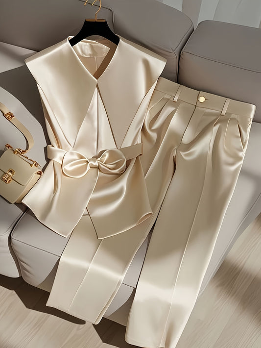 A Stylish And Elegant Sleeveless Top And Long Pants Set in a Solid Color Designed to Attract Wealth.