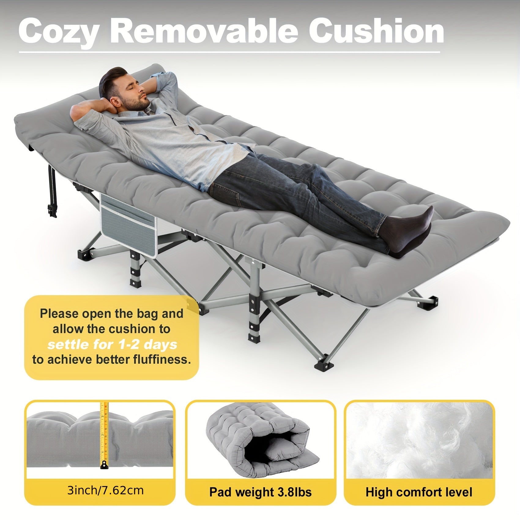 Heavy-duty SHOWLU FASHION STORE SUTECK folding camping cot with soft pad, 1200D Oxford bed, for outdoor camping and sleeping comfort.