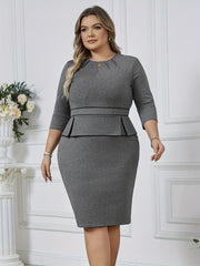 2 In 1 Plus Size Ruched Bodycon Dress, Elegant 3/4 Sleeve Dress For Spring & Summer, Women's Plus Size Clothing