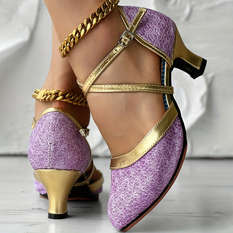 SHOWLU Women's Glitter Latin Dance Shoes with chunky mid heel and D'Orsay pump design, featuring sparkly embellishments and elegant style.