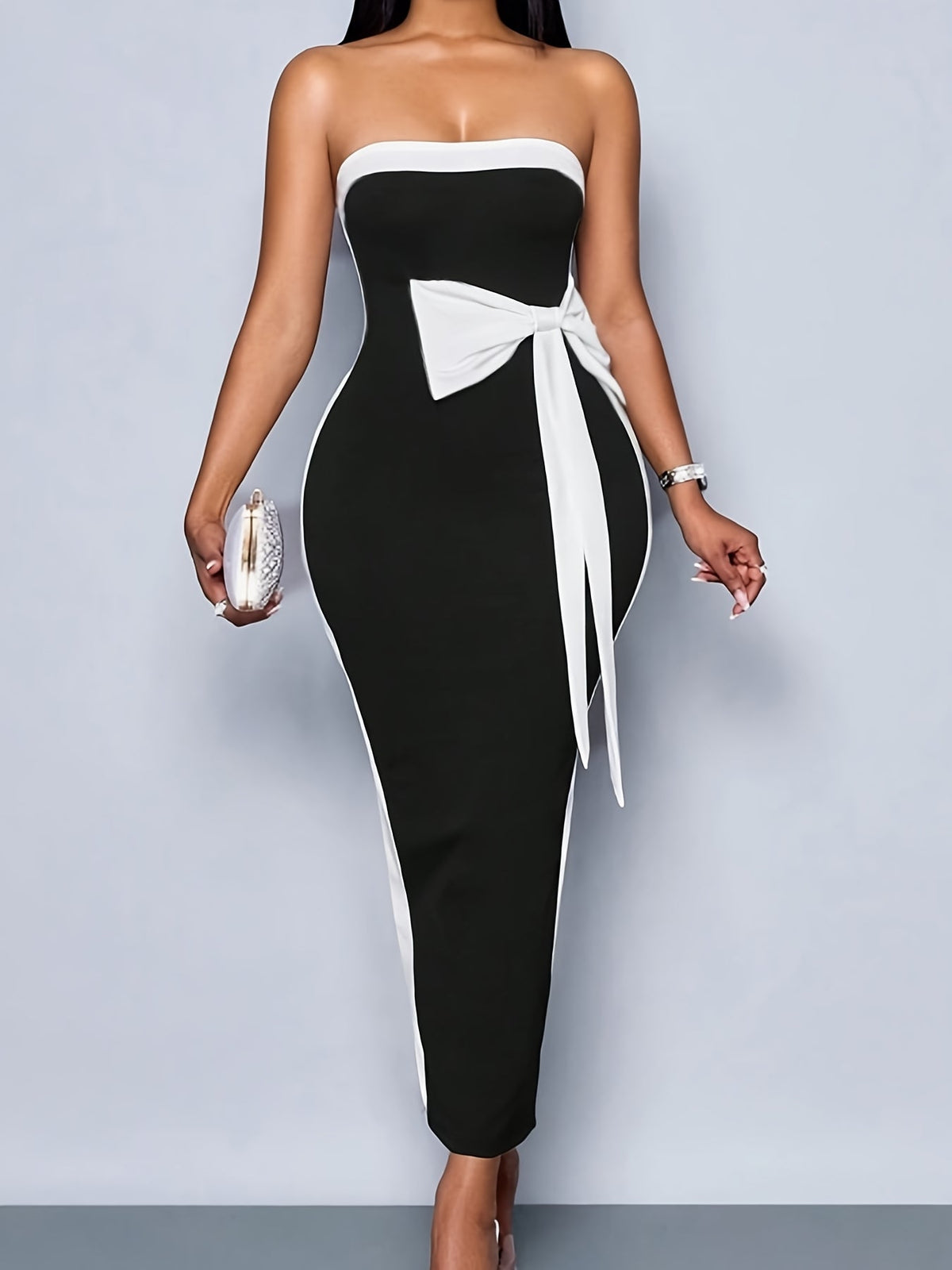 Black SHOWLU Women's off-the-shoulder bodycon dress with bow tie waist, fitted design, perfect for stylish evening wear.