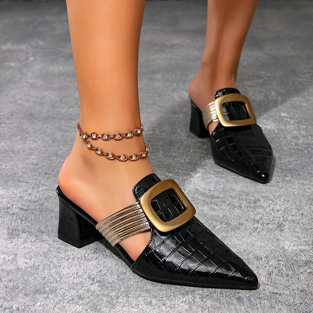 SHOWLU FASHION Women's pointed toe block heel mules with buckle, showcasing stylish footwear with a sleek design and ankle strap.