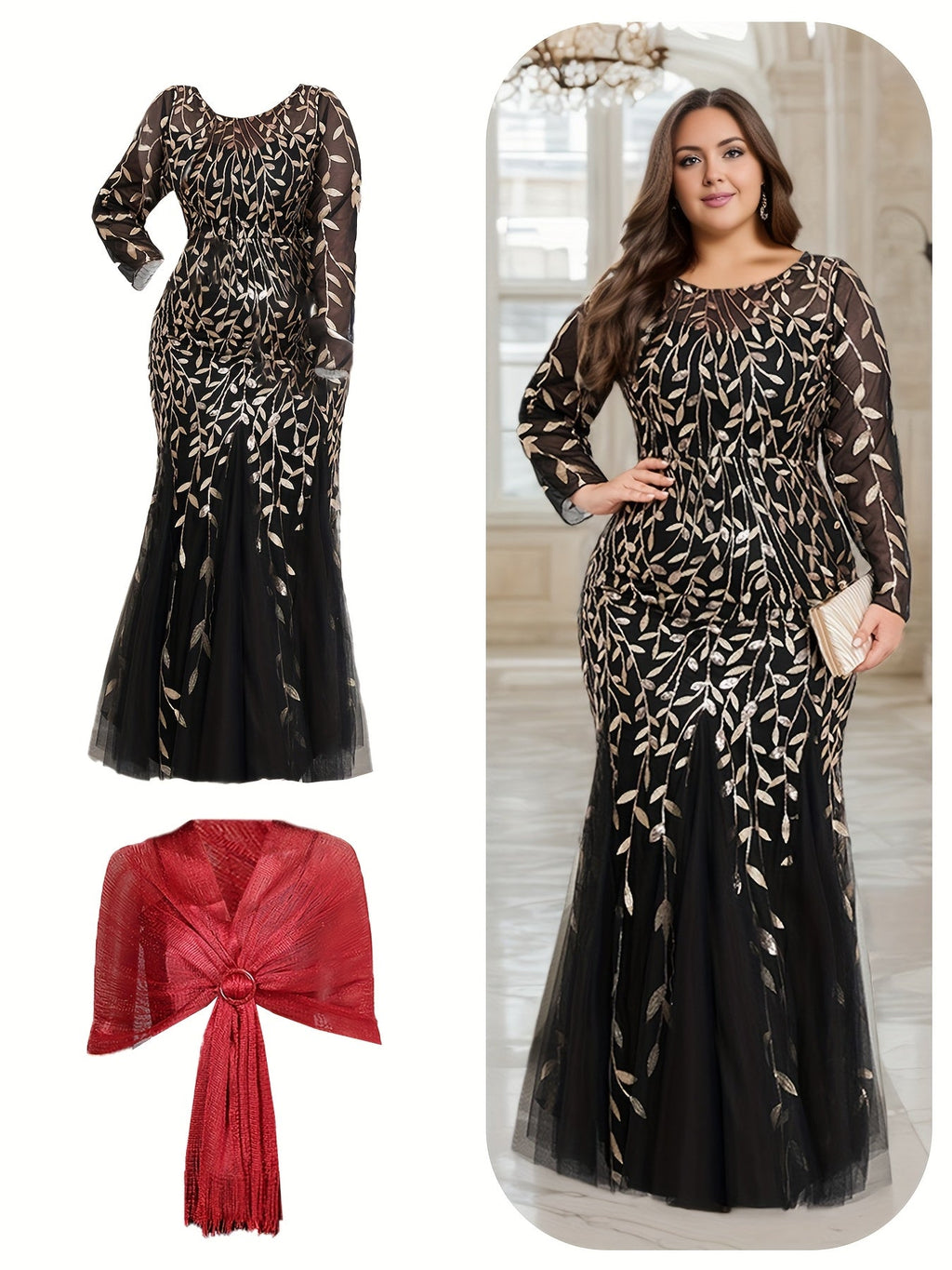 Plus size sequin floral mermaid dress with shawl by Showlu Fashion, featuring shimmering sequins and elegant floral details.