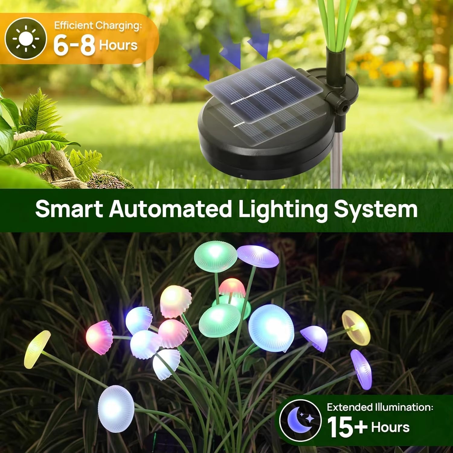 GCTECHING Aura-Mycelia kinetic solar landscape lights with six heads illuminating outdoor garden or pathway areas.