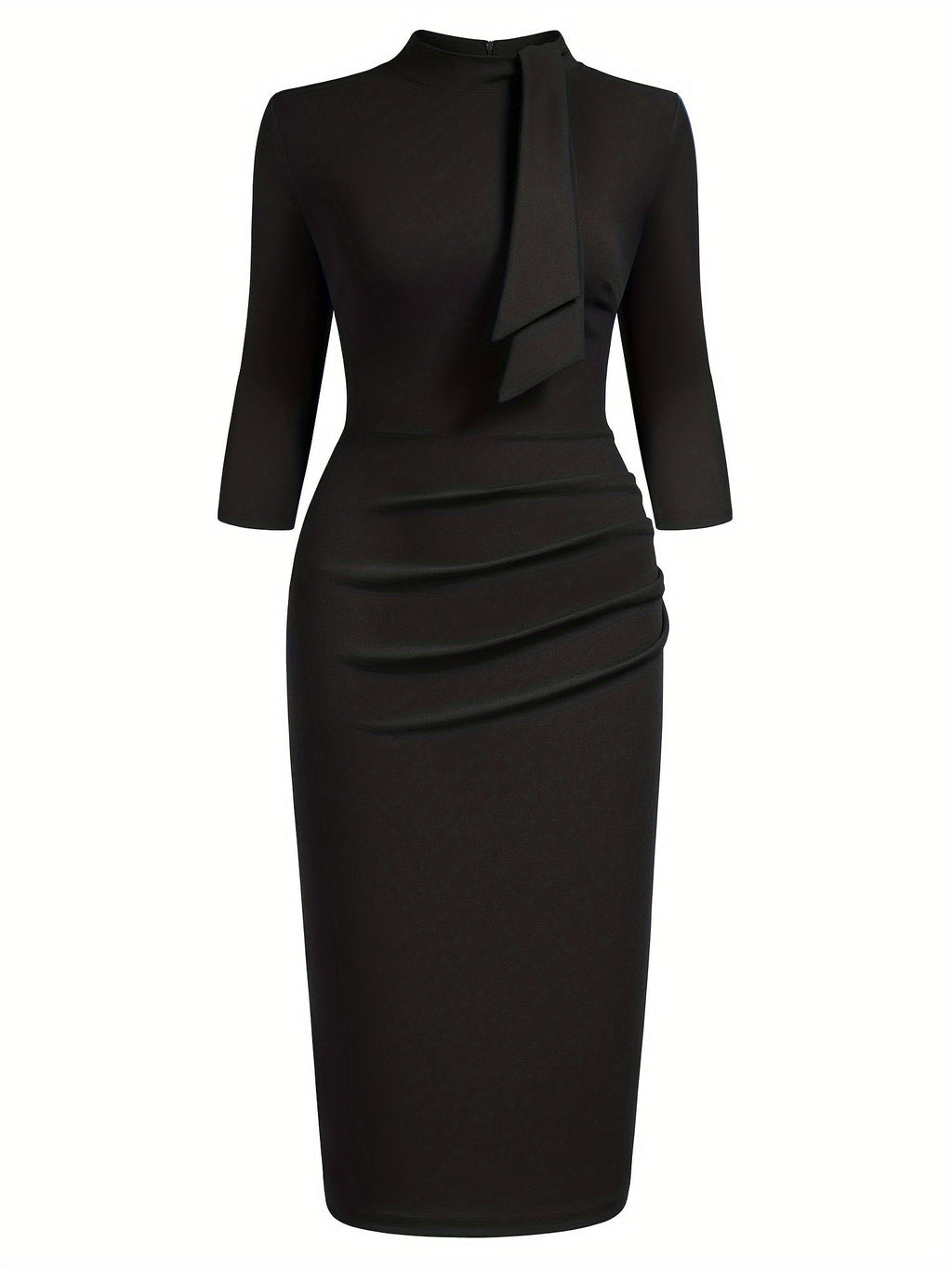 SHOWLU FASHION women's three-quarter sleeve tie-neck sheath dress displayed on a hanger with a neutral background.
