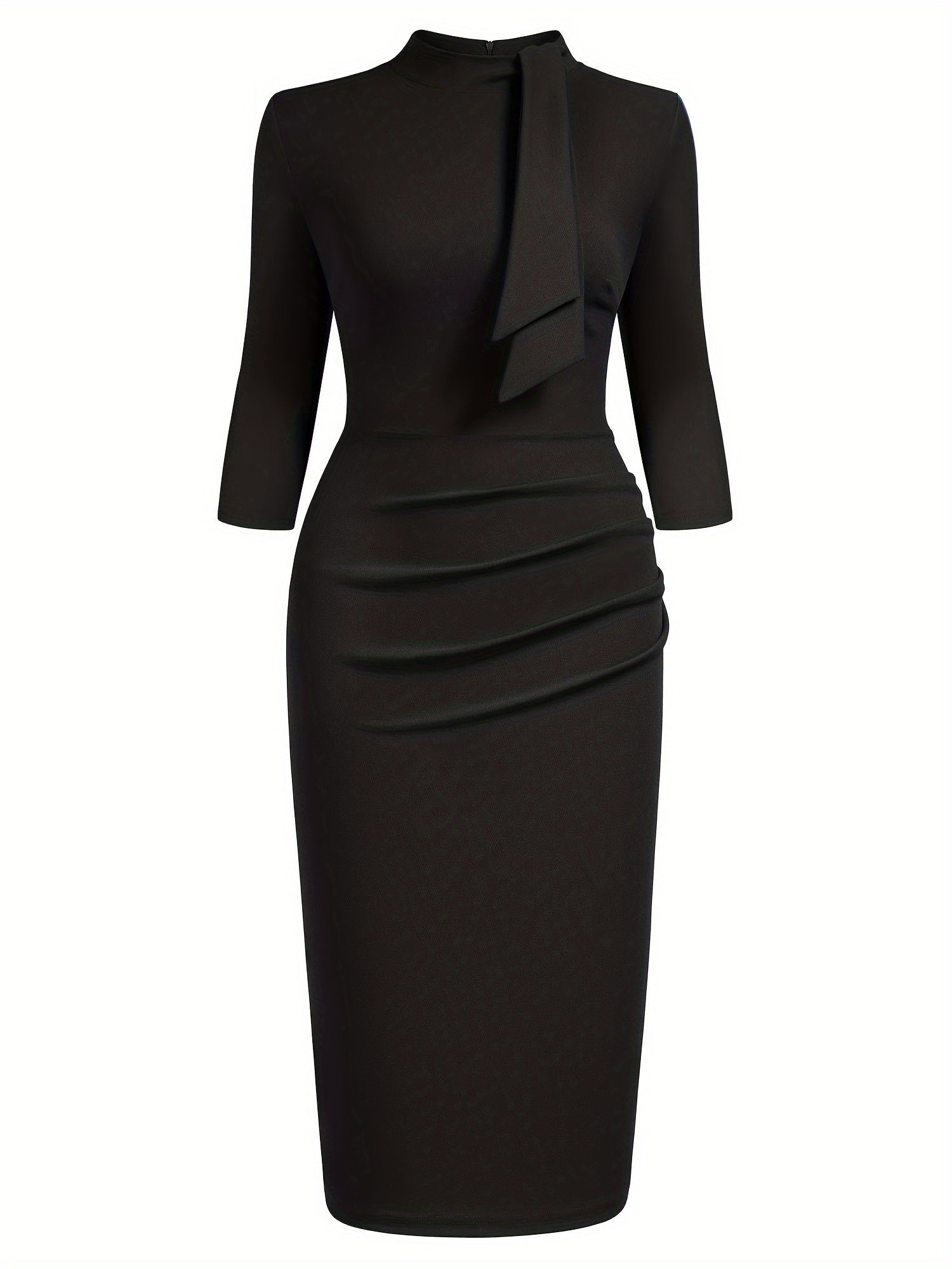 SHOWLU FASHION women's three-quarter sleeve tie-neck sheath dress displayed on a hanger with a neutral background.
