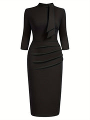 Stunning Three-Quarter Sleeve Sheath Dress - Elegant Tie-Neck Design, Draped Silhouette, Comfortable Wear for Spring & Summer - Women's Classic Clothing for Daily Life, Outdoor Events, and Work
