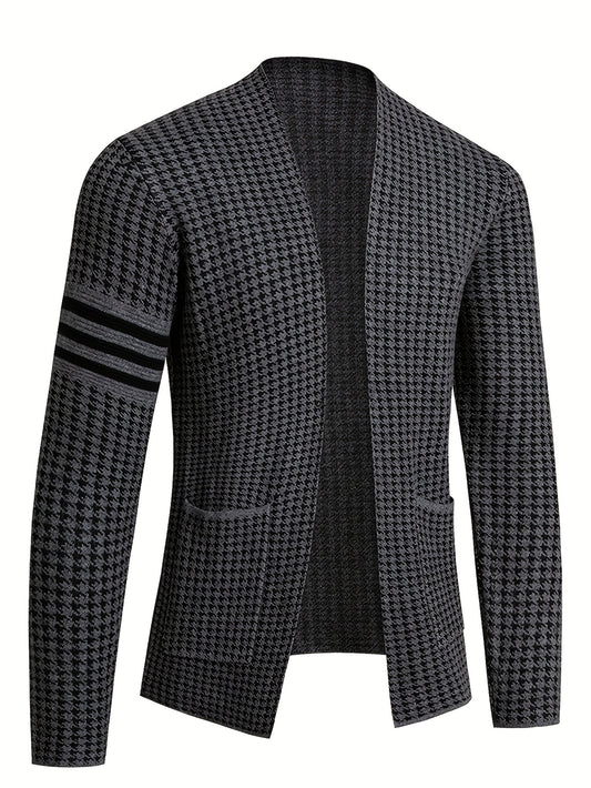 Men'S Chic Urban Knit Cardigan - Slim Fit, Long Sleeve, High-Stretch Fabric with Contrast Trim for Fall/Winter, Business Casual Outerwear
