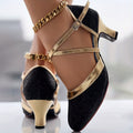 SHOWLU Women's Glitter Latin Dance Shoes with chunky mid heel and D'Orsay pump style, featuring sparkling embellishments.