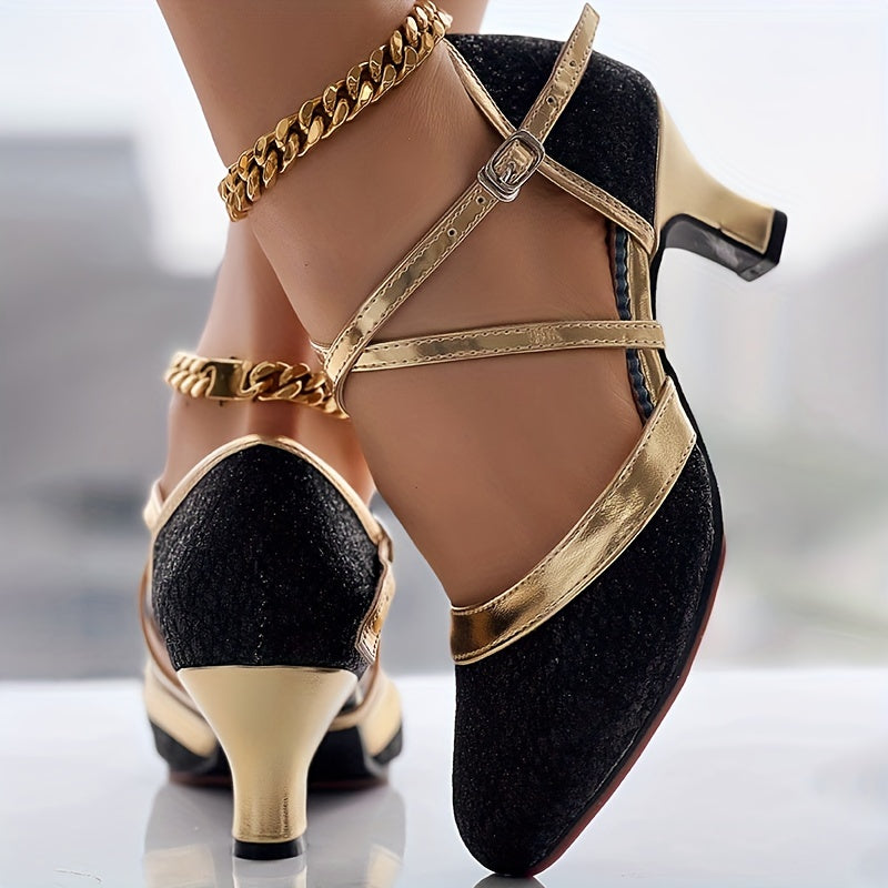 SHOWLU Women's Glitter Latin Dance Shoes with chunky mid heel and D'Orsay pump style, featuring sparkling embellishments.