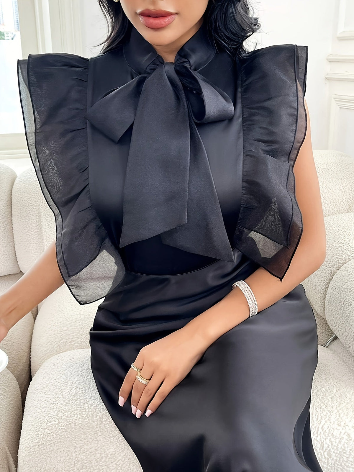 Black batwing sleeve blouse with lace trim and stand collar from SHOWLU FASHION Women's collection.