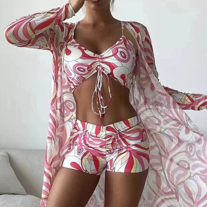 Female wearing Showlu Fashion women's racerback tankini set with UV protection, suitable for swimming and beachwear.
