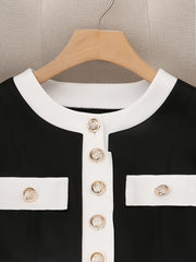 Elegant Two-Piece Set, 2024 New Color Block Polyester Jacket with Button Detail and Skirt, Crew Neck Long Sleeve Placket Design, Spring/Fall Fashion Outfit