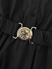 Solid V-neck Button Front Dress, Elegant Lantern Sleeve Swing Dress For Spring & Fall, Women's Clothing