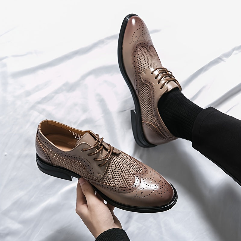 Showlu Men's Hollow-out Business Shoes with pointed toe and breathable design, stylish footwear for professional or casual wear.