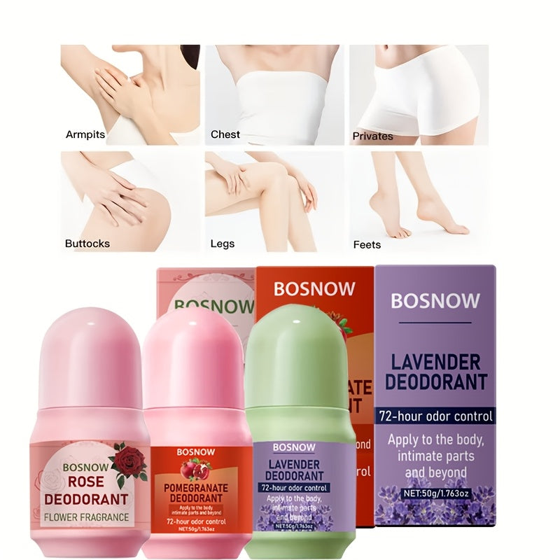 SHOWLU Natural Deodorant Set featuring rose, pomegranate, and lavender scents in three sleek containers, ideal for fresh, natural fragrance.