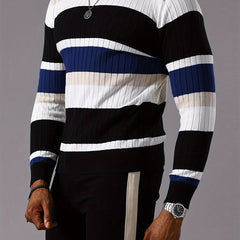 Men's Striped Color-Block Ribbed Knit Sweater - Long Sleeve Round Neck Pullover with Elastic Comfort Fit, Machine Washable Casual Fall Winter Top in Black/White/Green/Beige, Knit Sweater, Medium Elasticity