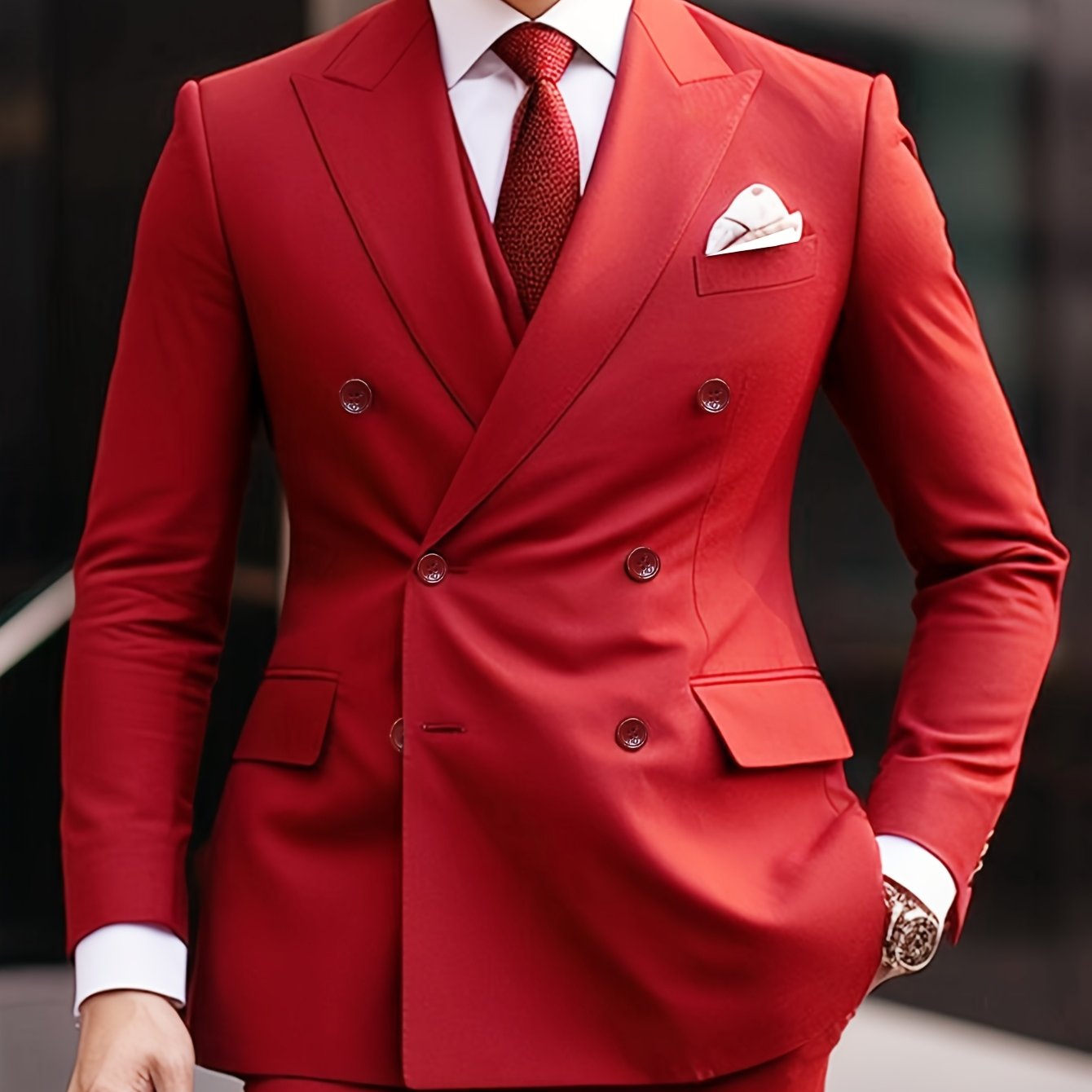 SHOWLU Men's double-breasted slim fit suit, formal 2-piece set with tailored jacket and matching trousers, in classic dark color.