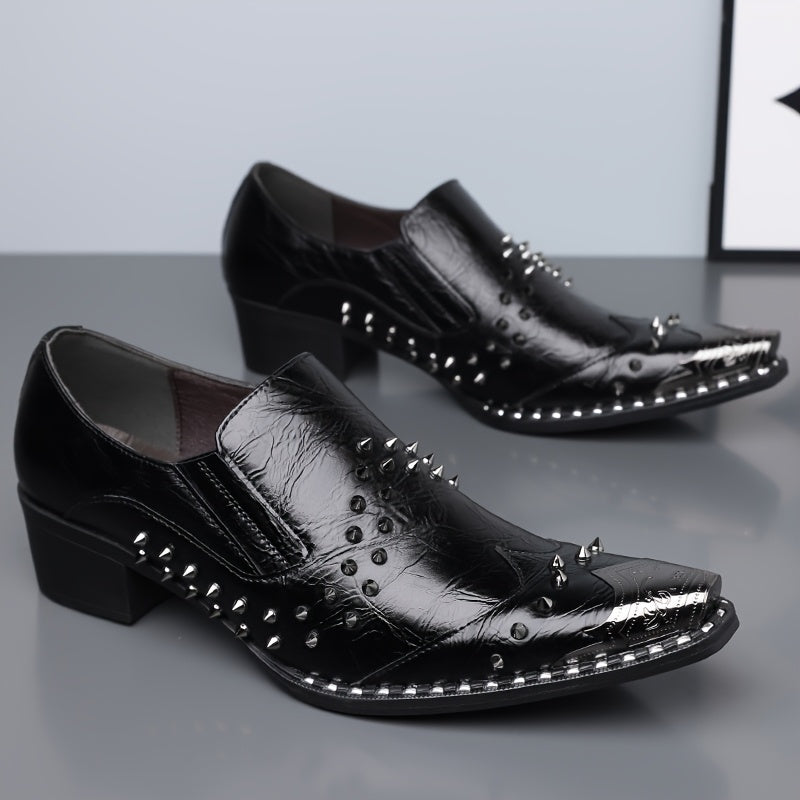 Men's pointed toe slip-on business casual shoes by Showlu Fashion, with punk style PU design and sleek black finish.