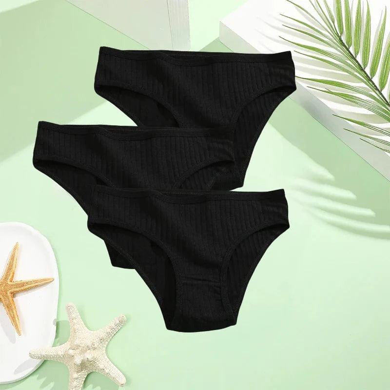 Set of three FINETOO women's cotton briefs in low-rise, solid colors, available in sizes XS to 7XL, shown laid flat.