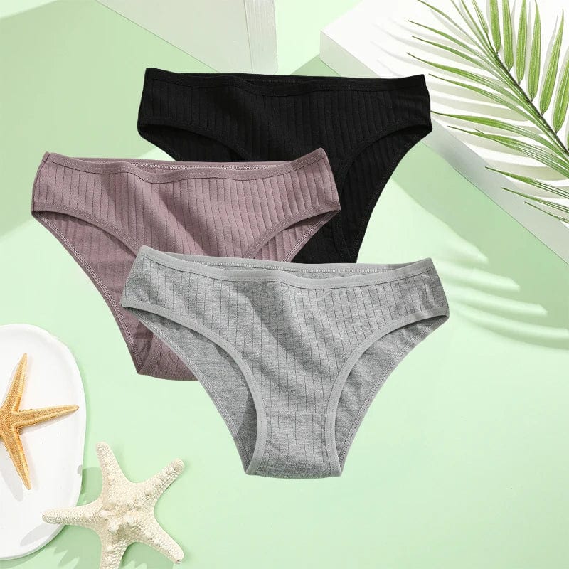 Set of three FINETOO women's cotton briefs in low-rise solid design, available in XS to 7XL, shown in various colors.