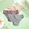 Set of three FINETOO women's cotton briefs in low-rise solid styles, available in XS to 7XL, shown in various colors.