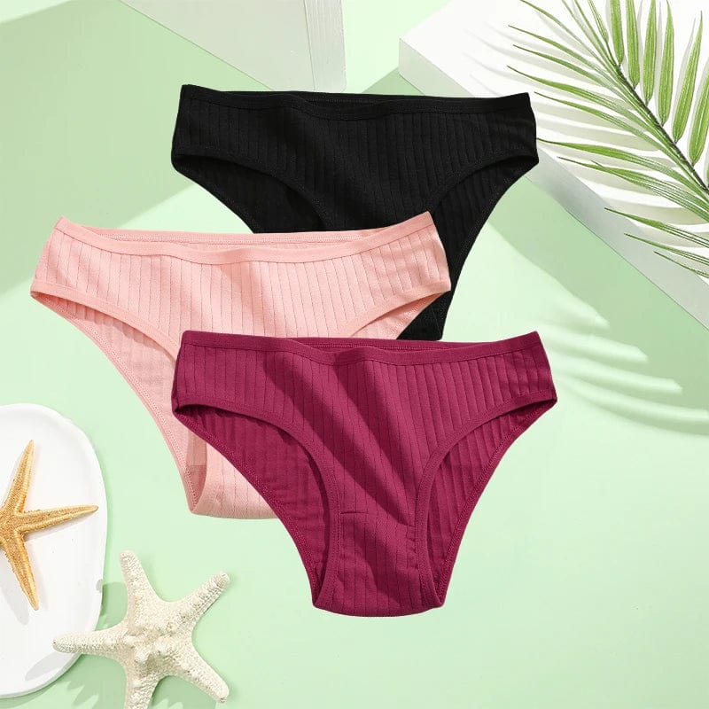 Set of three FINETOO women's cotton briefs in low-rise style, solid colors, available in XS to 7XL for comfortable fit.