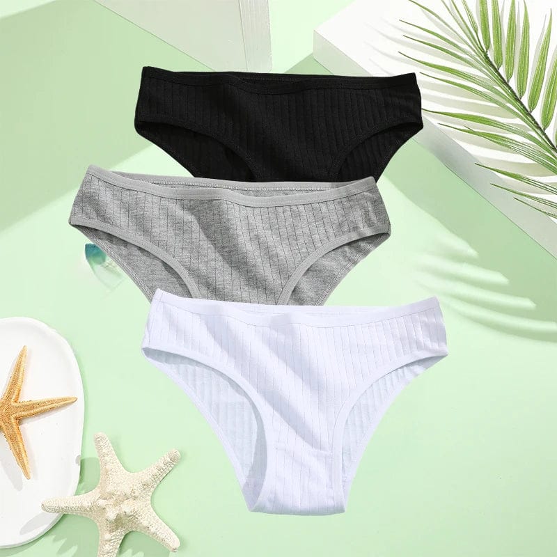 Three pairs of FINETOO women's cotton briefs in low-rise solid style, available in XS to 7XL, shown in the image.