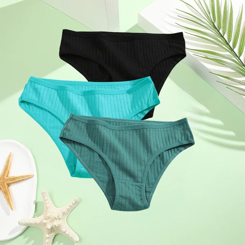 Three pairs of FINETOO women's cotton briefs in low-rise solid styles, available in XS to 7XL. Comfortable, breathable underwear.