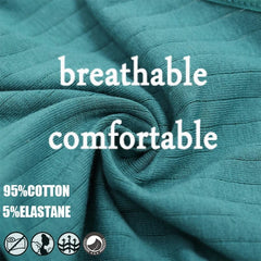 A close-up of dark green ribbed fabric with text indicating it is made of 95 percent cotton.
