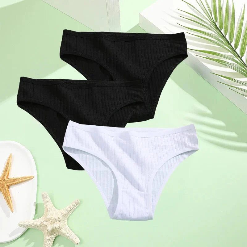 Set of three FINETOO women's cotton briefs in low-rise solid style, available in XS to 7XL, with comfortable, breathable underwear for women.