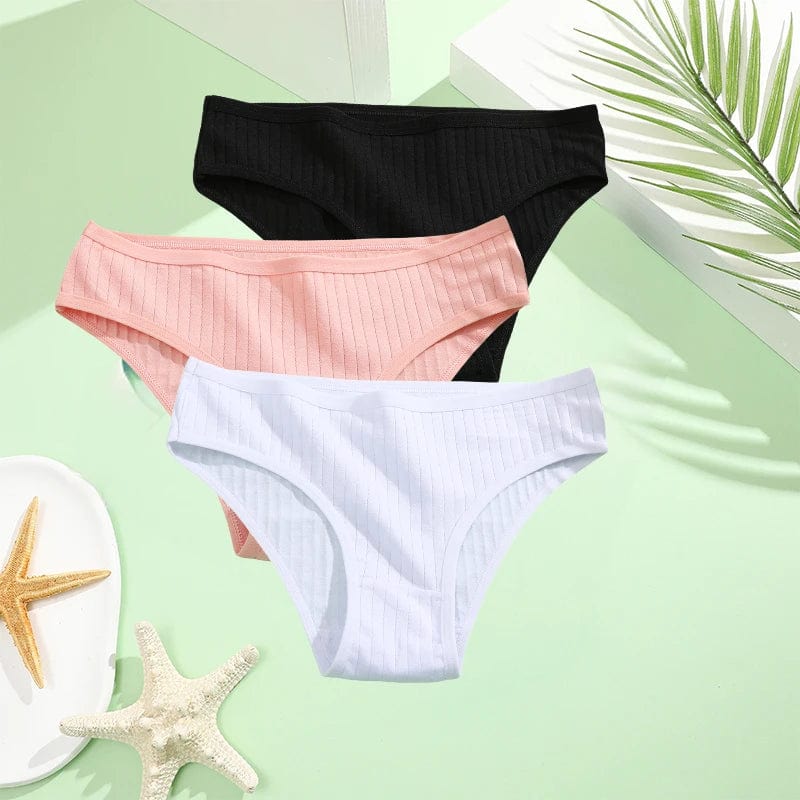 Set of three women's cotton briefs by FINETOO, low-rise solid panties in assorted colors, available in XS to 7XL size.