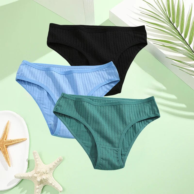 Set of three FINETOO women's cotton briefs in low-rise, solid colors, available in XS to 7XL, shown laid flat.