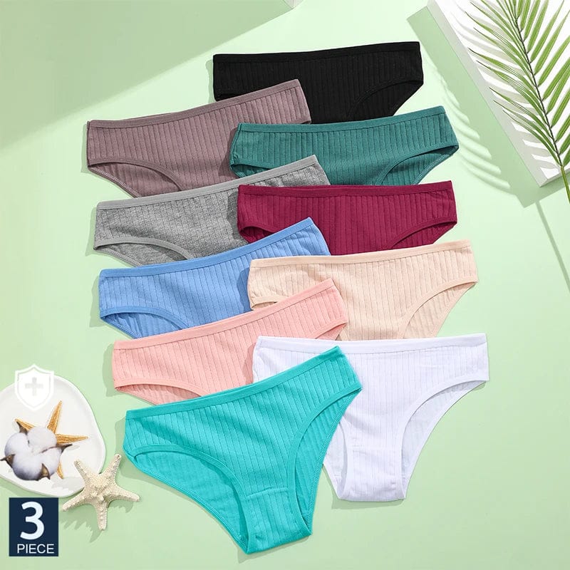 Set of three FINETOO women's cotton briefs in low-rise solid styles, available in XS to 7XL, shown in various colors.