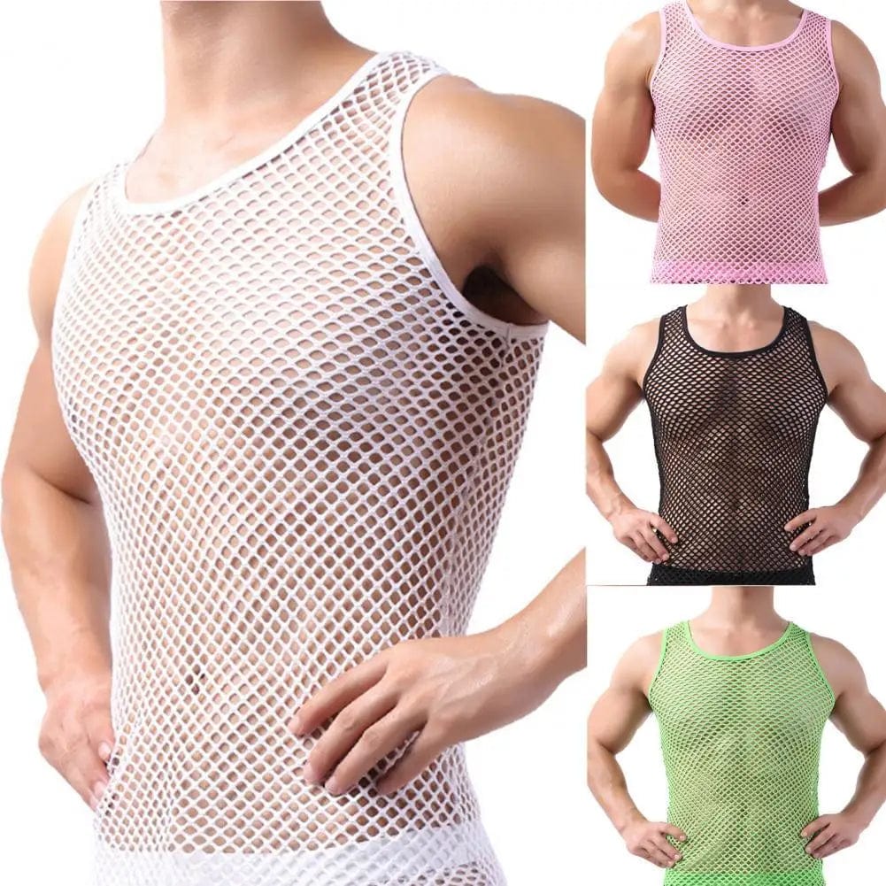 Showlu men's fishnet mesh tank top, transparent sleeveless undershirt with a snug fit and breathable design, ideal for fashion layering.