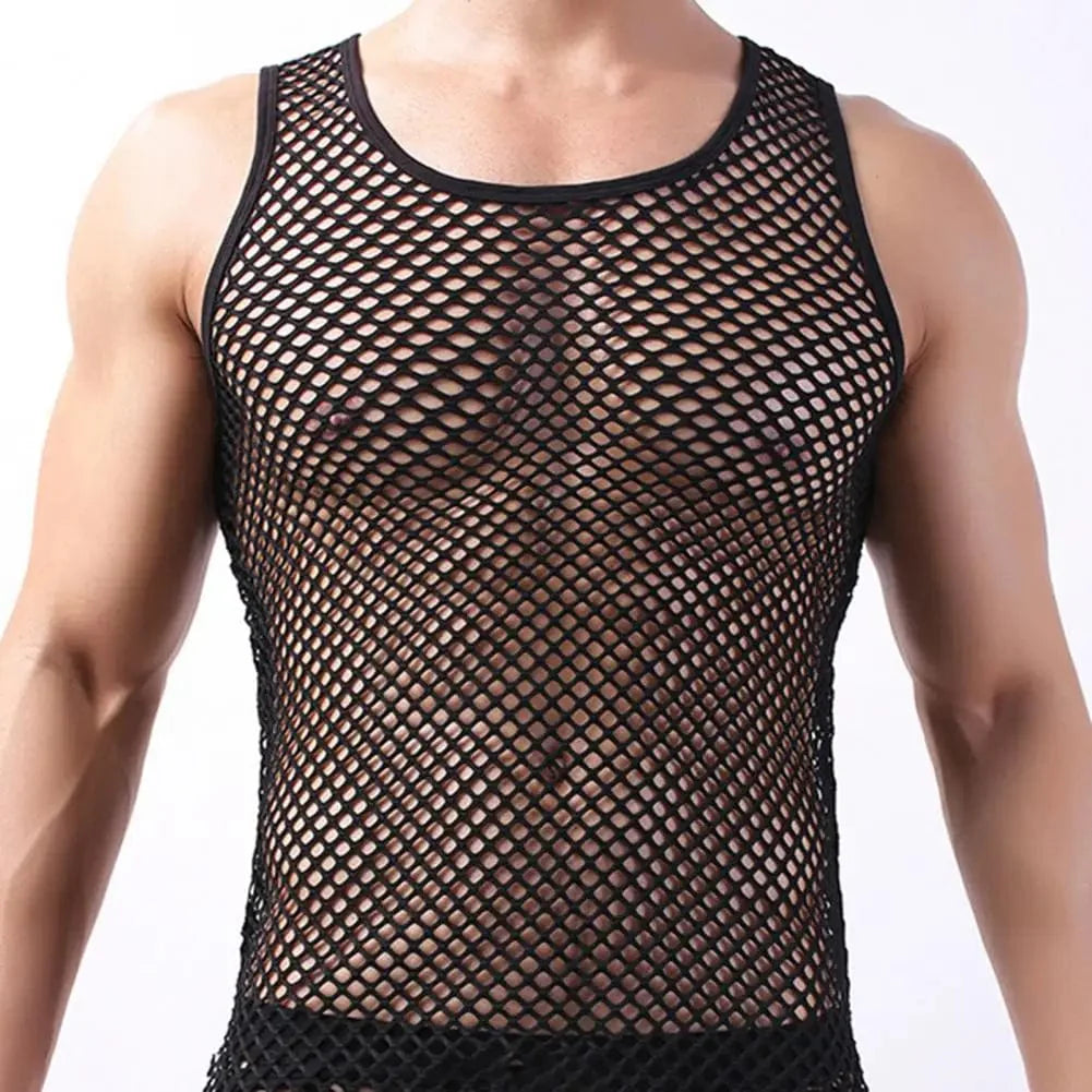 Showlu men's fishnet mesh tank top, sleeveless transparent undershirt with a fitted, breathable design and solid color.