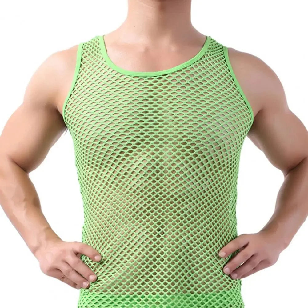 Showlu men's fishnet mesh tank top, transparent sleeveless undershirt with a fitted, breathable design for stylish men's underwear.