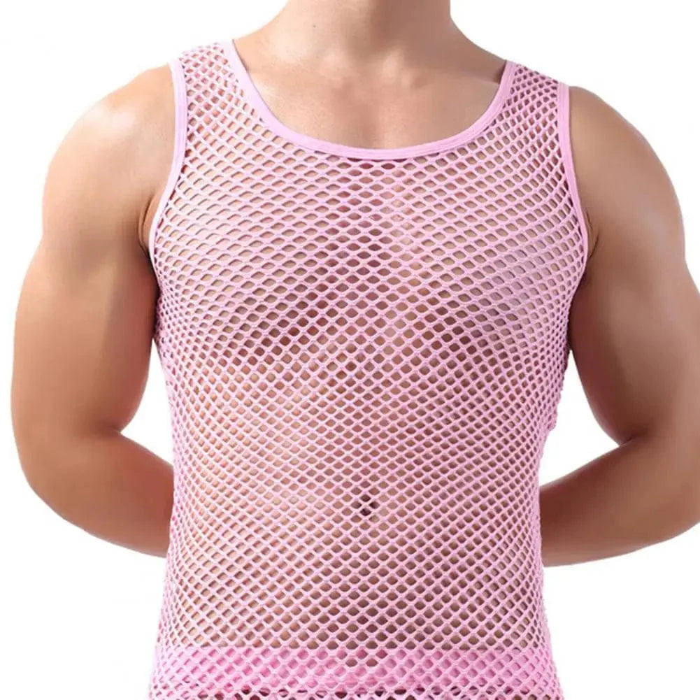 Showlu Men's fishnet mesh tank top, sleeveless transparent undershirt with a sleek, fitted design for modern men's fashion.