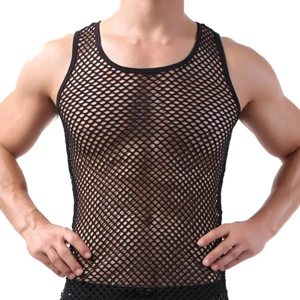 Showlu men's transparent fishnet mesh tank top, sleeveless undershirt with a fitted, breathable design for a bold, modern look.